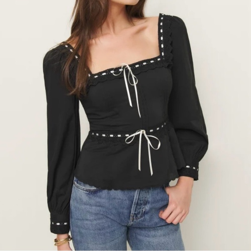 Reformation Black Blouse with Lace Trim